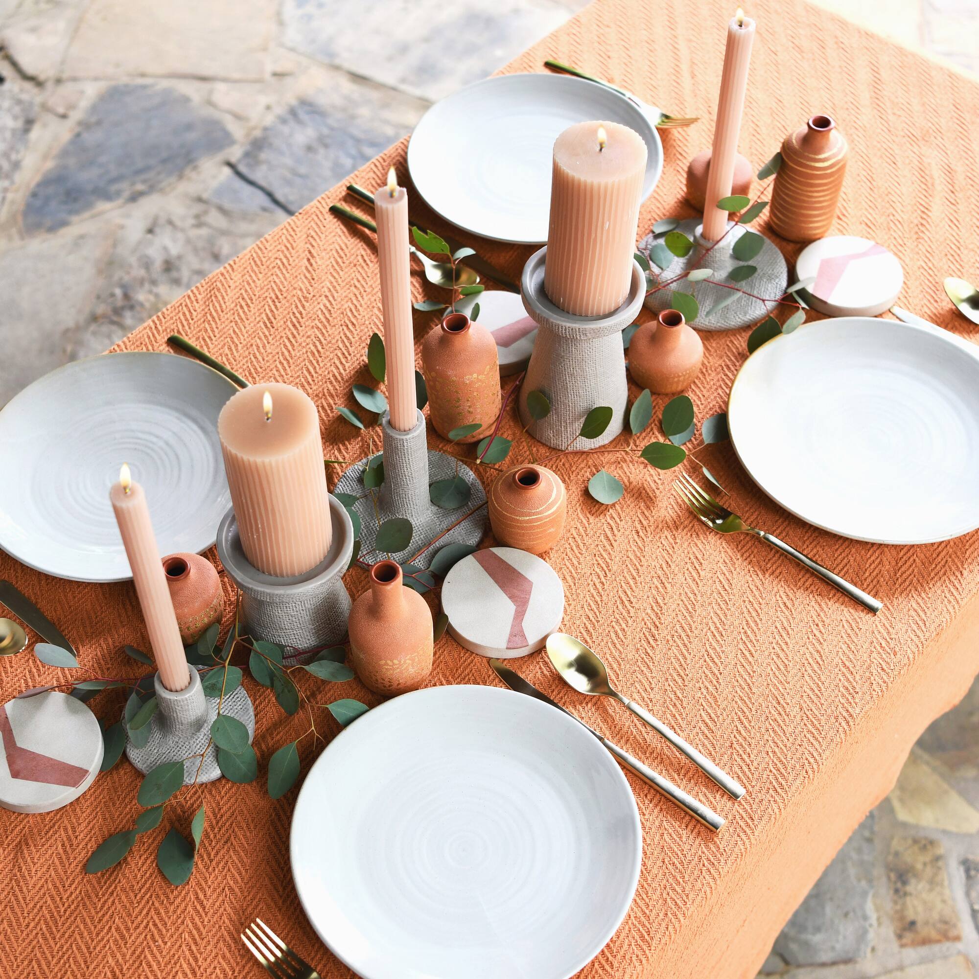 Hello Honey® Off-White and Terracotta Round Sandstone Coaster Set with Abstract Design